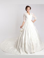 Custom Designed White Chiffon Clasp Handle Wedding Dress 3|4 Length Sleeve With Train Cathedral Train Lace