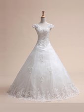 High Quality V-neck Sleeveless Tulle Wedding Gowns Beading and Appliques and Bowknot Court Train Lace Up