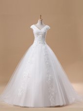 Fabulous Brush Train A-line Wedding Dress White V-neck Tulle Short Sleeves With Train Lace Up