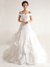 Beautiful Off The Shoulder Sleeveless Court Train Zipper Bridal Gown White Organza