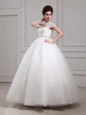 Dynamic Halter Top High-neck Cap Sleeves Tulle Wedding Dresses Beading and Lace Lace Up