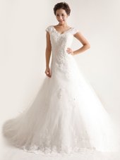 High Class Chapel Train A-line Wedding Dress White V-neck Tulle Cap Sleeves With Train Lace Up