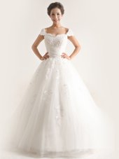 Comfortable White Sweetheart Neckline Lace and Appliques Bridal Gown Cap Sleeves Lace Up