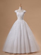 White Cap Sleeves Lace and Appliques and Sequins Floor Length Wedding Gowns