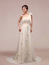 Romantic One Shoulder White Lace Up Wedding Dress Ruching and Hand Made Flower Sleeveless With Brush Train