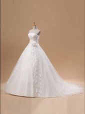 Dramatic With Train A-line Sleeveless White Wedding Gowns Court Train Lace Up
