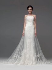 Superior White Tulle Lace Up Strapless Sleeveless With Train Wedding Gown Brush Train Lace and Appliques