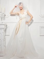 Most Popular Sleeveless Floor Length Lace and Appliques and Belt and Hand Made Flower Lace Up Bridal Gown with White