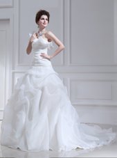 Graceful One Shoulder Sleeveless Brush Train Lace Up With Train Ruffles and Ruching and Pick Ups Wedding Gowns