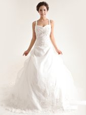Decent Sleeveless Brush Train Criss Cross With Train Lace and Appliques and Hand Made Flower Wedding Dress