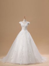 Low Price White Short Sleeves With Train Lace and Appliques Lace Up Wedding Gown