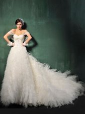 Exquisite With Train A-line Cap Sleeves White Wedding Gowns Chapel Train Backless