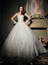 Perfect Lace and Appliques and Ruching Bridal Gown White Lace Up Sleeveless Floor Length