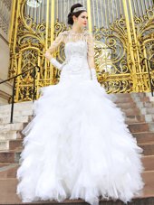 Dazzling Tulle Sleeveless Floor Length Wedding Gowns and Beading and Ruffles