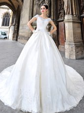 Flirting Satin Cap Sleeves Wedding Dress Cathedral Train and Beading and Lace and Appliques