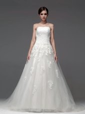 Smart White Lace Up Wedding Gowns Appliques Sleeveless Brush Train