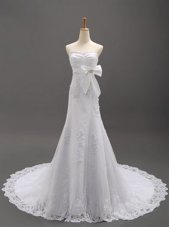 Modern White Sweetheart Neckline Beading and Lace and Appliques and Bowknot Wedding Gown Sleeveless Lace Up