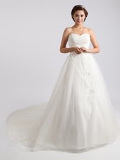 Traditional White Ball Gowns Tulle Sweetheart Sleeveless Beading and Appliques With Train Lace Up Wedding Gown Court Train