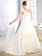 Decent Brush Train A-line Wedding Gowns White One Shoulder Tulle Sleeveless With Train Lace Up