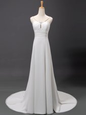 Classical V-neck Sleeveless Brush Train Lace Up Bridal Gown White Chiffon