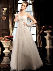 Modern White Empire Beading Wedding Gowns Lace Up Tulle Sleeveless Floor Length