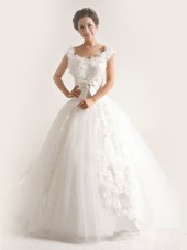 Sophisticated Scoop White Lace Up Wedding Gown Lace and Appliques Sleeveless With Brush Train