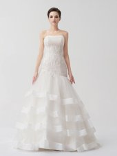 Customized Sleeveless Brush Train Beading and Appliques and Ruffled Layers Lace Up Bridal Gown