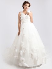 Sumptuous Scoop Zipper Wedding Dresses White and In for Wedding Party with Appliques and Hand Made Flower Sweep Train