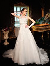 Wonderful White A-line Scalloped Sleeveless Tulle and Lace Court Train Zipper Lace Wedding Dress