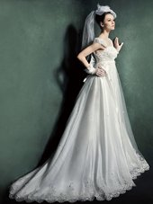 Superior Cap Sleeves Court Train Beading and Lace and Appliques Lace Up Wedding Dresses