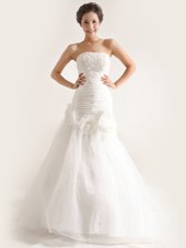 Exceptional Strapless Sleeveless Tulle Wedding Dresses Lace and Ruching and Hand Made Flower Sweep Train Zipper