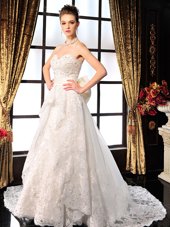 Luxurious Sleeveless Brush Train Beading and Lace and Bowknot Lace Up Bridal Gown
