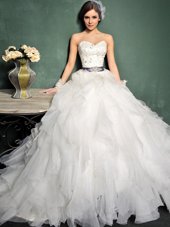 Modest Organza Sweetheart Sleeveless Brush Train Lace Up Beading and Ruffles and Belt Wedding Gown in White