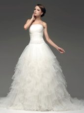 Flirting Lace Up Wedding Dress White and In for Wedding Party with Beading and Ruffles Sweep Train