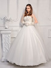 Dynamic White Strapless Lace Up Beading Wedding Gowns Sleeveless