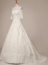 Smart White Scalloped Neckline Lace Wedding Dresses Half Sleeves Zipper