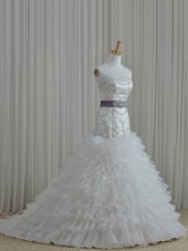 Excellent White Ball Gowns Organza Strapless Sleeveless Beading and Ruffles and Belt Floor Length Lace Up Wedding Gown
