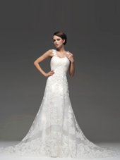 Nice Straps Sleeveless Brush Train Lace Up Wedding Dress White Lace