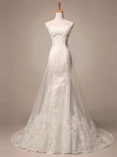 Fashion White Sleeveless Tulle and Lace Court Train Lace Up Wedding Dress for Wedding Party