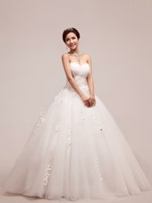 Luxurious Sleeveless Floor Length Appliques and Ruching and Hand Made Flower Lace Up Bridal Gown with White