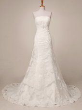 Fitting White Wedding Gown Wedding Party and For with Lace Strapless Sleeveless Brush Train Lace Up