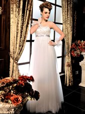 Charming Lace and Belt Bridal Gown White Lace Up Sleeveless Floor Length