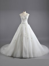 Excellent White Straps Lace Up Lace and Appliques Wedding Dresses Court Train Cap Sleeves