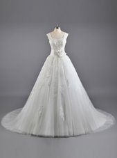 Dynamic White Tulle and Lace Lace Up Wedding Gown Sleeveless Court Train Lace