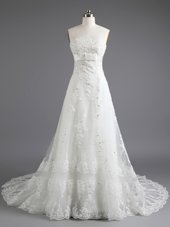 Glittering White Column/Sheath Strapless Sleeveless Lace With Train Court Train Lace Up Beading and Lace Bridal Gown
