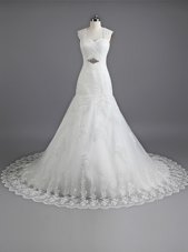 Customized Mermaid White Lace Up Wedding Gowns Beading and Lace Sleeveless With Train Chapel Train