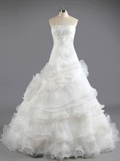 Glittering White Organza Lace Up Strapless Sleeveless With Train Wedding Dresses Court Train Ruffled Layers