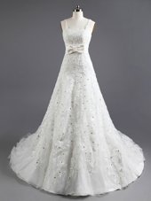 New Style White Square Neckline Beading and Appliques and Bowknot Wedding Dresses Sleeveless Lace Up