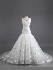 Modern V-neck Sleeveless Court Train Lace Up Wedding Gown White Organza