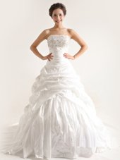 Artistic White Sleeveless Court Train Beading and Pick Ups With Train Wedding Gowns